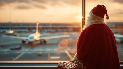 Santa Claus looking out airport window waiting for flight at sunset  