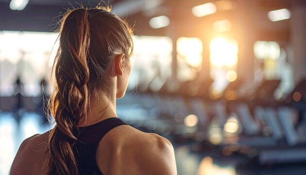 Rear view of woman in athletic attire looking into a sunlit gym. Row of treadmills and warm light cast a motivational atmosphere