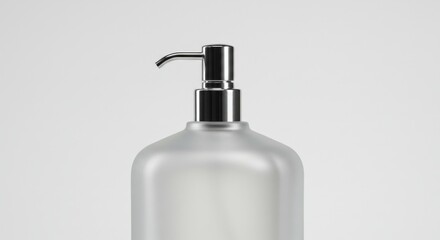 Frosted glass bottle with chrome dispenser on white background
