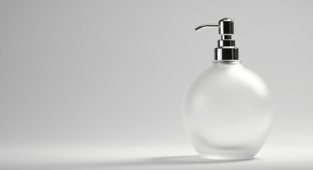Frosted glass dispenser with chrome pump on white background