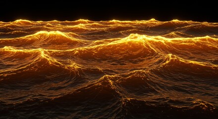 Golden waves glowing in the dark ocean