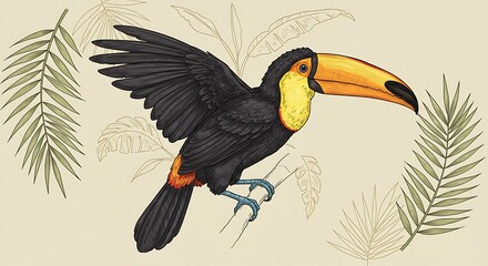 Fototapeta premium Colorful toucan illustration perched on a branch against a neutral background