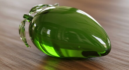 Green glass mango shaped ornament on wood surface