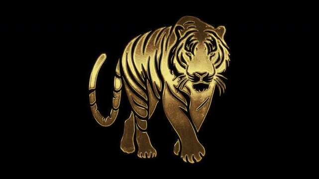 Tiger with slightly reflected outlines on a gold foil-like surface, loop, alpha channel

