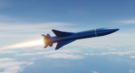Fototapeta premium Sleek dark blue missile with exhaust flame soaring through clear cerulean sky with clouds