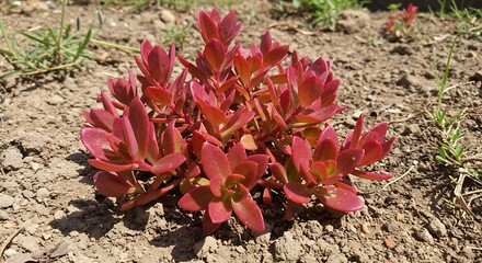 Vibrant red succulent plant growing in dry soil outdoor sunlight close up