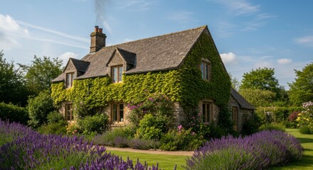 Idyllic cotswold cottage with lavender garden in summer