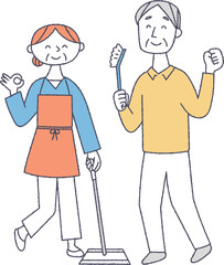 掃除をする元気なシニア夫婦