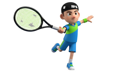 Cartoon boy playing tennis with a racket on a white background