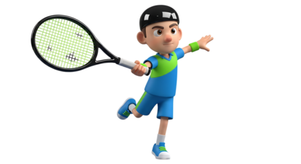 Cartoon boy playing tennis with a racket on a white background