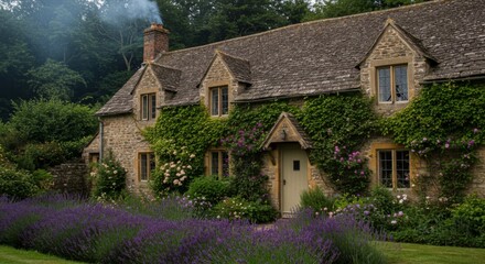 Picturesque english cottage with lavender and climbing plants