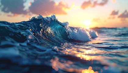 Ocean Wave Curving at Sunset with Vibrant Colors and Dynamic Motion Capturing Sunlight Reflections in a Natural Seascape with Coastal Ambiance