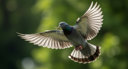 Pigeon in flight gathering nesting material