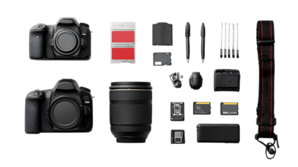 Digital camera and accessories kit isolated on transparent background