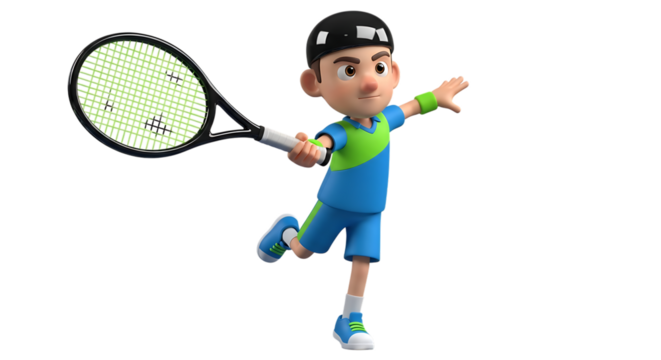 Cartoon boy playing tennis with a racket on a white background