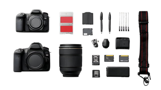 Digital camera and accessories kit isolated on transparent background