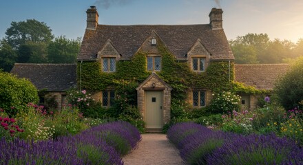 Quaint cotswold cottage with lavender garden at dusk