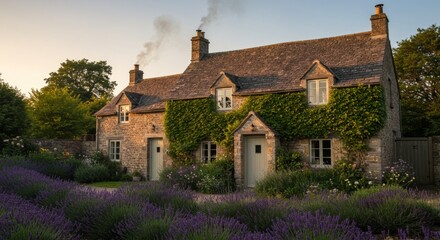 Quaint cotswold stone cottage at dusk with lavender garden