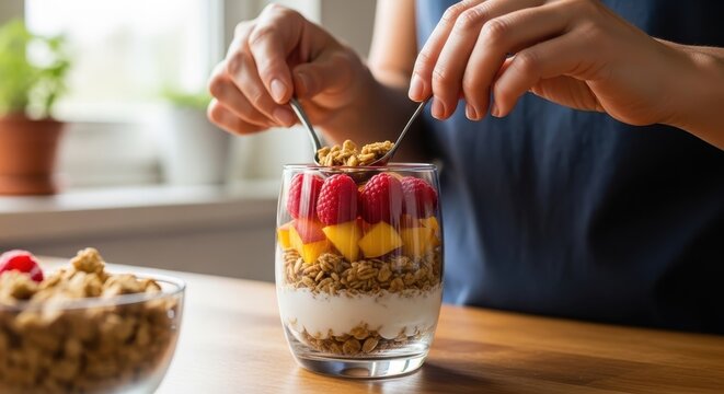 Woman hands preparing a healthy breakfast parfait with granola, raspberries, and mango in a glass