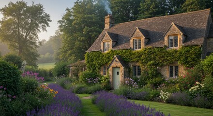 Quaint english cottage with lavender garden at dawn