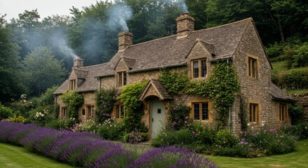 Quaint english cottage with lavender and climbing vines