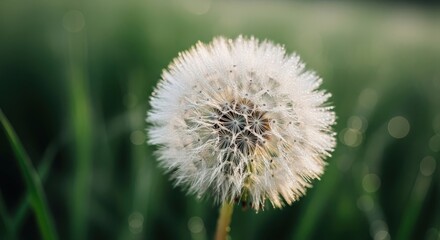 Fototapeta premium Delicate dandelion seed head with dew drops in morning light on green background
