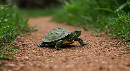 Red eared slider turtle walking on a path