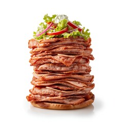 Stack of grilled meat shawarma kebab with lettuce and onion on pita bread