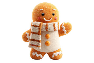 Adorable cheerful gingerbread man plush toy with festive striped scarf smiling friendly holiday decoration for Christmas winter celebration and cozy gift
