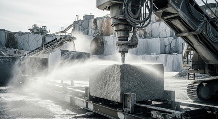 Heavy industrial machinery shaping raw granite block in active stone quarry
