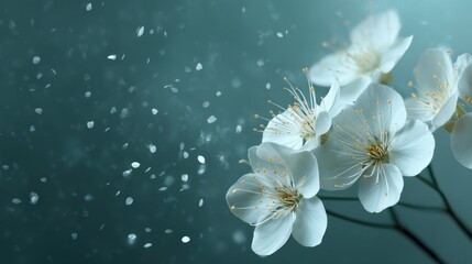 Delicate White Flowers with Falling Petals on a Soft Blue Background for Tranquil Nature Imagery