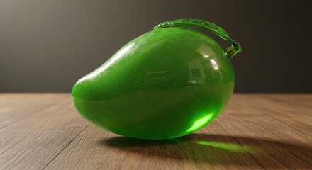 Shiny green mango with glass leaf on wood surface