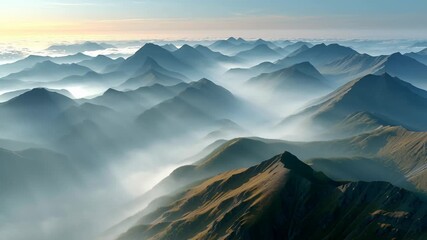 Serene mountain fog sunrise landscape aerial mist view of mountain ridges with soft light, misty mountain range sunrise cloud sea - Powered by Adobe