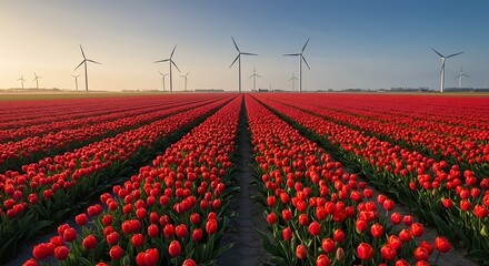 Vibrant red tulip field under clear sky with wind turbines in background