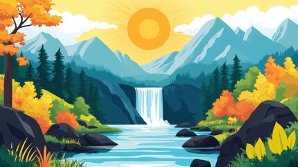 Autumn Mountain Waterfall Scene