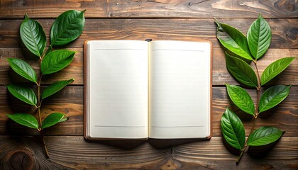 Open Blank Notebook on Wooden Table with Green Leaf Branches in Natural Light Rustic Still Life Flat Lay