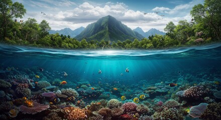 Tropical island landscape with underwater coral reef and jungle