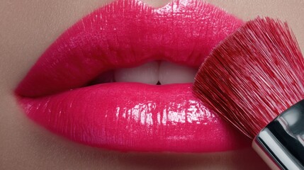 Obraz premium Close-up of glossy pink lips being accentuated with a makeup brush for a vibrant beauty and cosmetic presentation