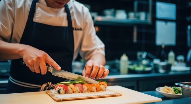 Skilled sushi chef meticulously slicing fresh fish rolls with a sharp knife in a professional kitchen.