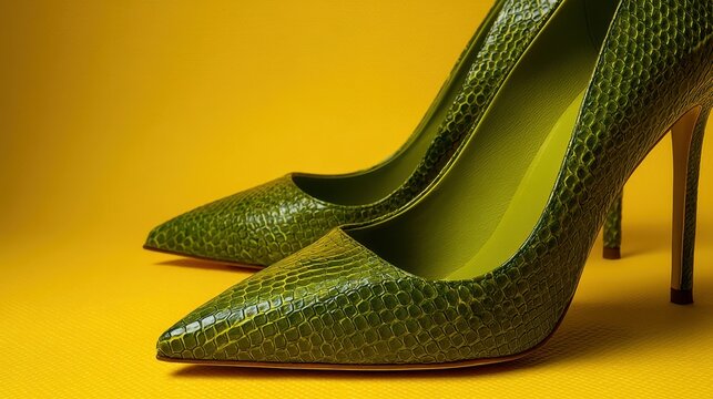 Bright Green Snakeskin High Heels on Yellow Background for Fashion and Footwear Inspiration, Stylish and Modern Design - Powered by Adobe