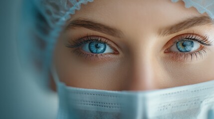 Close-Up Portrait of Healthcare Professional with Blue Eyes in Medical Mask and Cap in Clinical Environment
