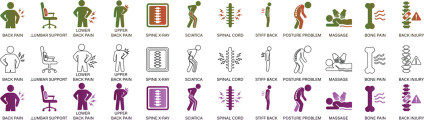 Back pain & spine health icon set including lower back pain, sciatica, spinal cord, bone pain, posture problem, massage therapy, and chiropractic symbols. Perfect for medical, and healthcare design