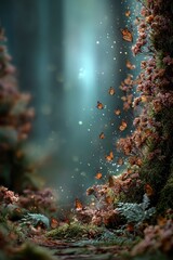 Magical butterfly garden with woodland colors, dreamy fairytale atmosphere, soft green and brown tones, moss and ferns, enchanting light filtering through trees, butterflies clustered on one side