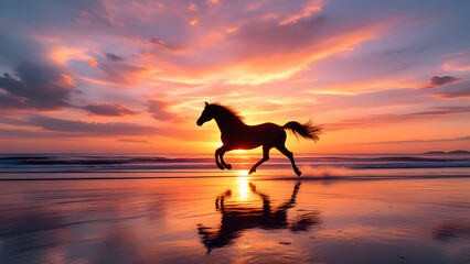 A silhouette of a horse running on a beach at sunset with a reflection in the wet sand surface
