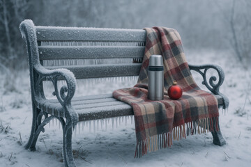 A cup of hot drink on a snow-covered bench.