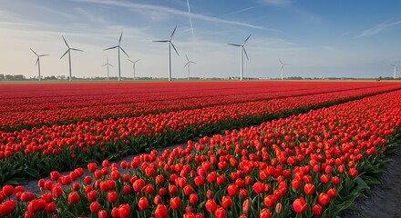 Vibrant red tulip field with windmills under a blue sky