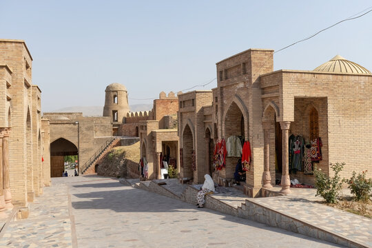 Traditional Central Asian style bazar street inside the reconstructed Hisor fortess in Hisor, Tajikistan