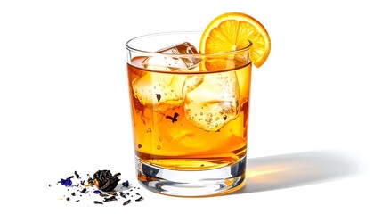 Refreshing drink in a glass, ice cubes and an orange slice garnish. Loose leaf tea at the base