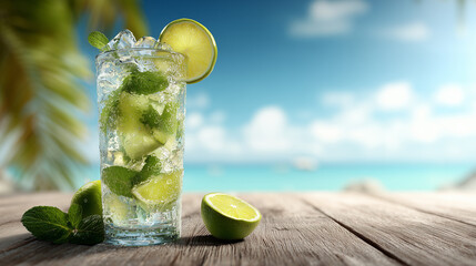 Glass of lime drink with tropical background