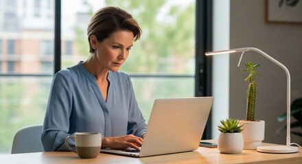 Professional businesswoman focused on laptop screen, working diligently in bright, modern home office with natural light